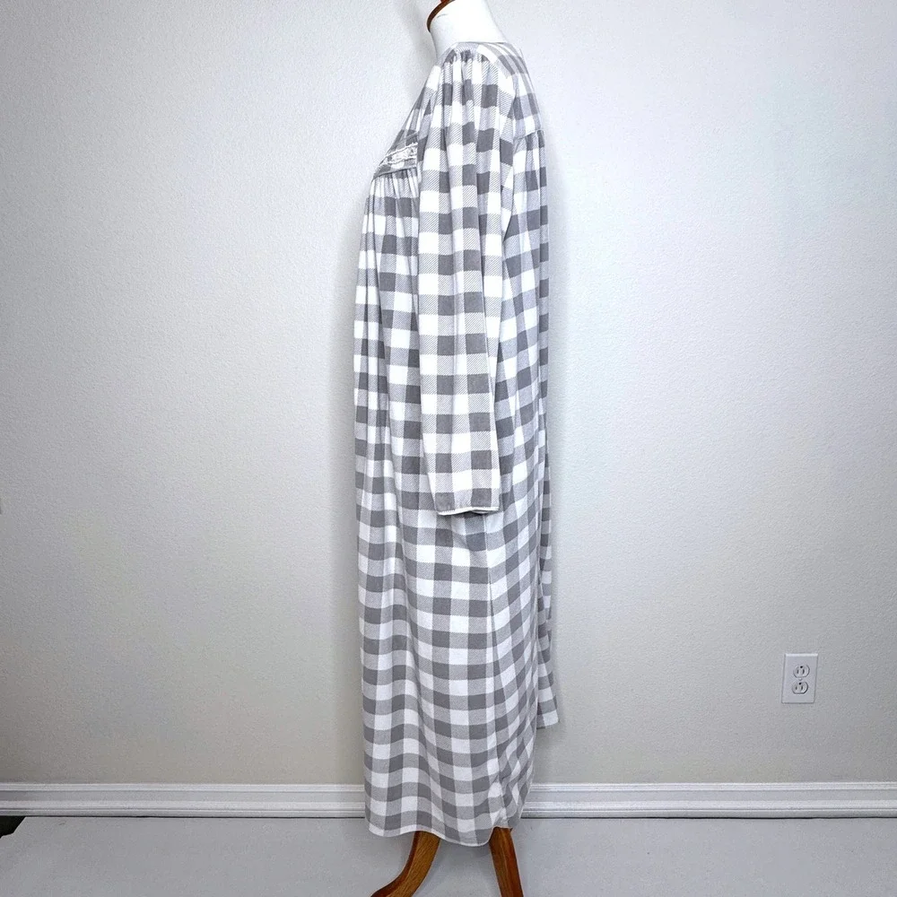 LANZ Of SALZBURG Fleece Long Nightgown MED Gray Plaid Lace Trim Cottage Core